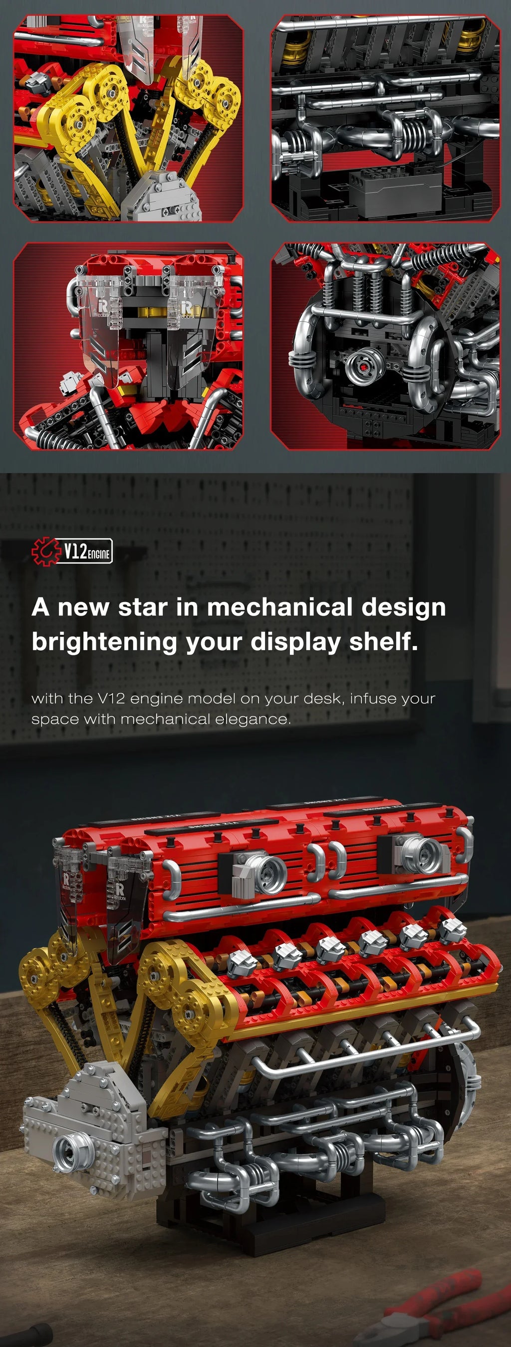 PrimeBricks V12 Motor MOC 4719 Teile LEGO-kompatibel | Mit Display-Ständer