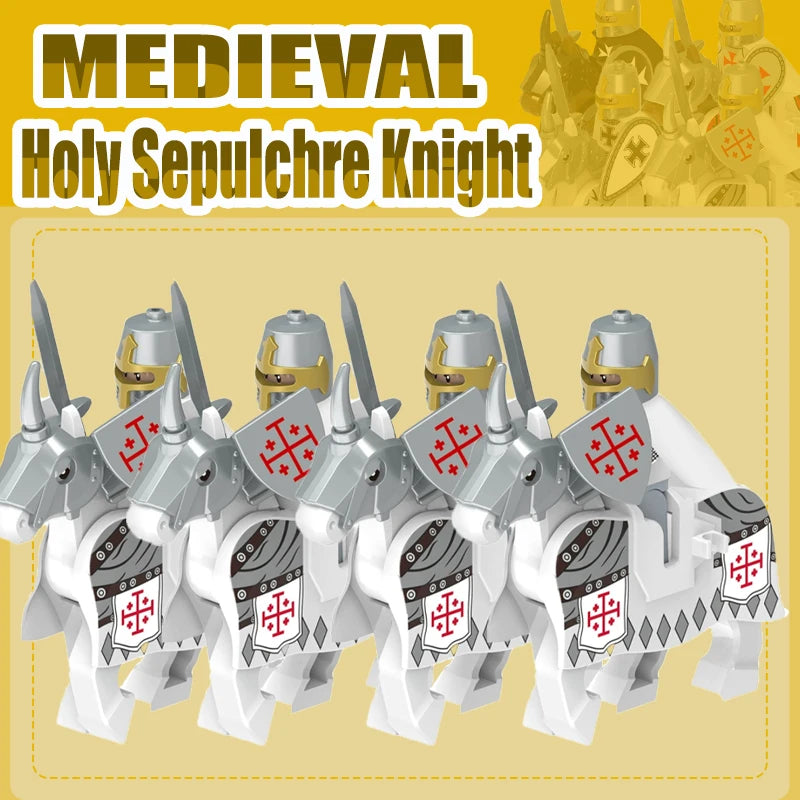 Mittelalterliche Kreuzritter Minifiguren - Tempelritter mit Rüstung, Pferd & Waffen | LEGO-kompatibel