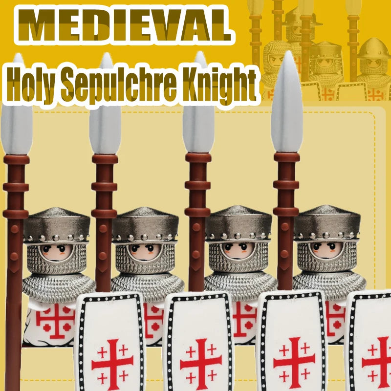 Mittelalterliche Kreuzritter Minifiguren - Tempelritter mit Rüstung, Pferd & Waffen | LEGO-kompatibel