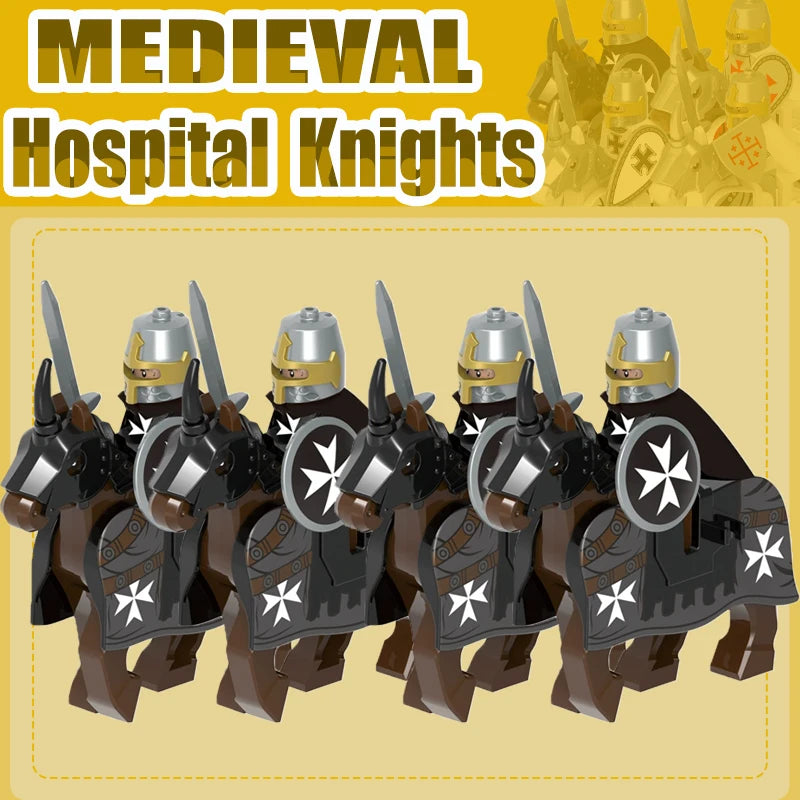 Mittelalterliche Kreuzritter Minifiguren - Tempelritter mit Rüstung, Pferd & Waffen | LEGO-kompatibel