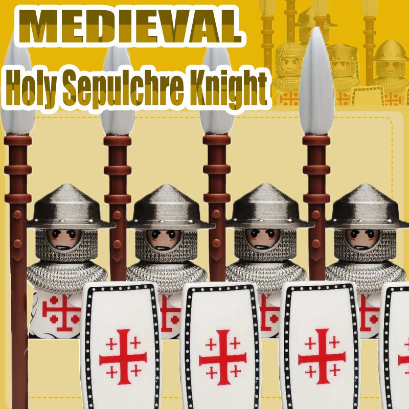Mittelalterliche Kreuzritter Minifiguren - Tempelritter mit Rüstung, Pferd & Waffen | LEGO-kompatibel