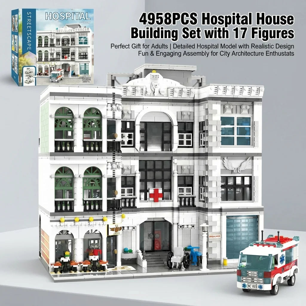Hospital House MOC Modular Building Set - 4958 Teile - Legokompatibel - mit 17 Minifiguren