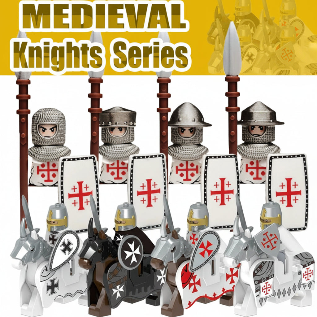 Mittelalterliche Kreuzritter Minifiguren - Tempelritter mit Rüstung, Pferd & Waffen | LEGO-kompatibel