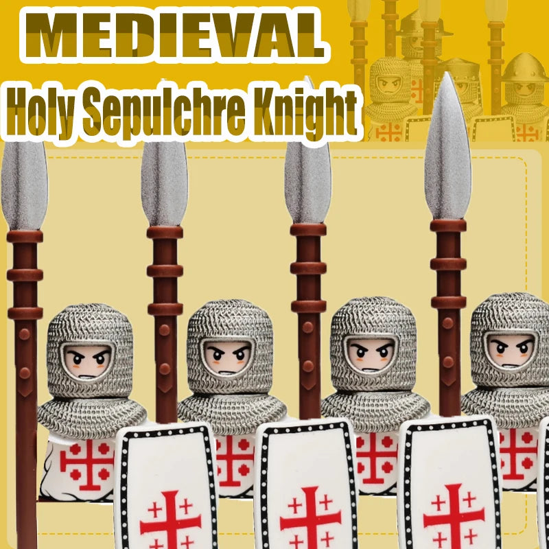 Mittelalterliche Kreuzritter Minifiguren - Tempelritter mit Rüstung, Pferd & Waffen | LEGO-kompatibel