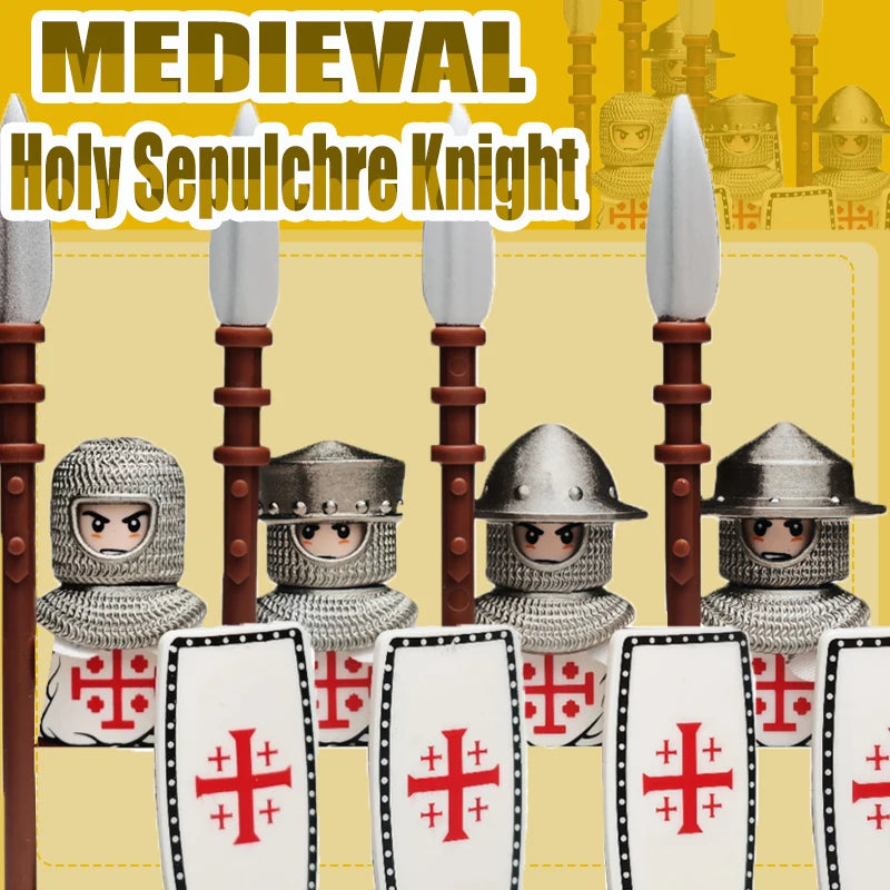 Mittelalterliche Kreuzritter Minifiguren - Tempelritter mit Rüstung, Pferd & Waffen | LEGO-kompatibel