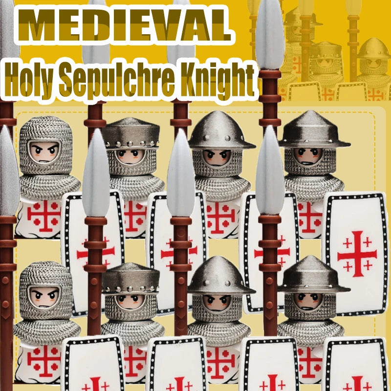Mittelalterliche Kreuzritter Minifiguren - Tempelritter mit Rüstung, Pferd & Waffen | LEGO-kompatibel