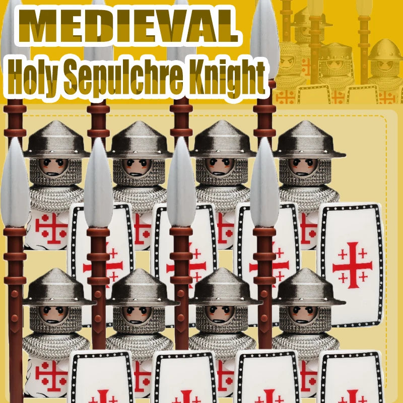 Mittelalterliche Kreuzritter Minifiguren - Tempelritter mit Rüstung, Pferd & Waffen | LEGO-kompatibel