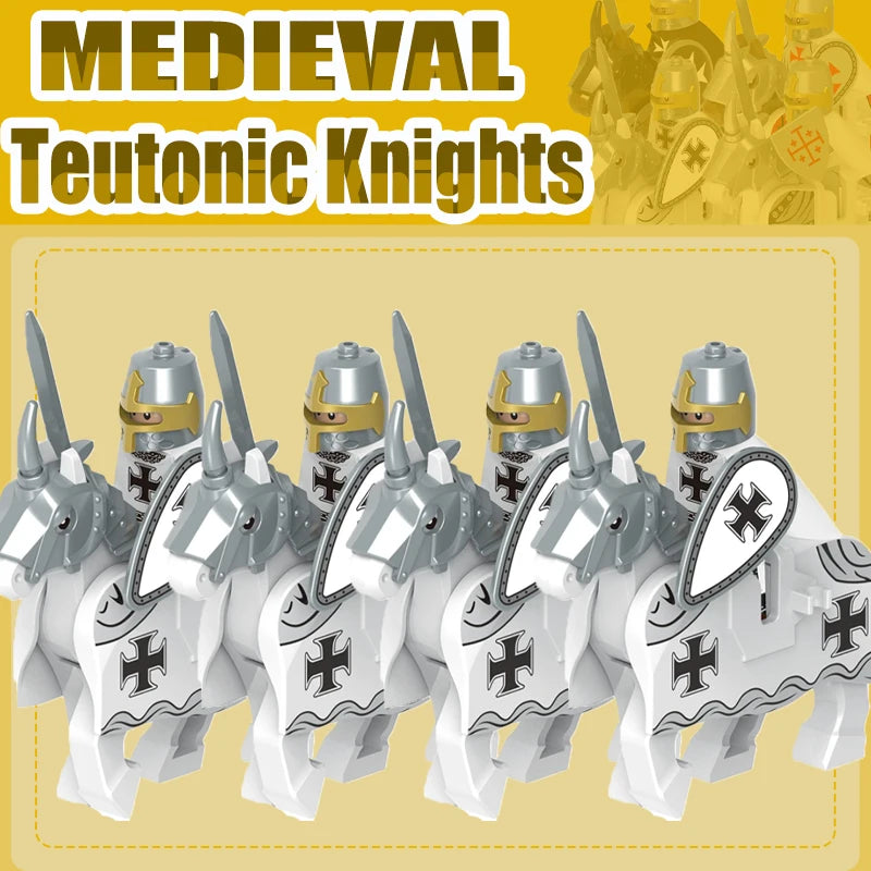 Mittelalterliche Kreuzritter Minifiguren - Tempelritter mit Rüstung, Pferd & Waffen | LEGO-kompatibel