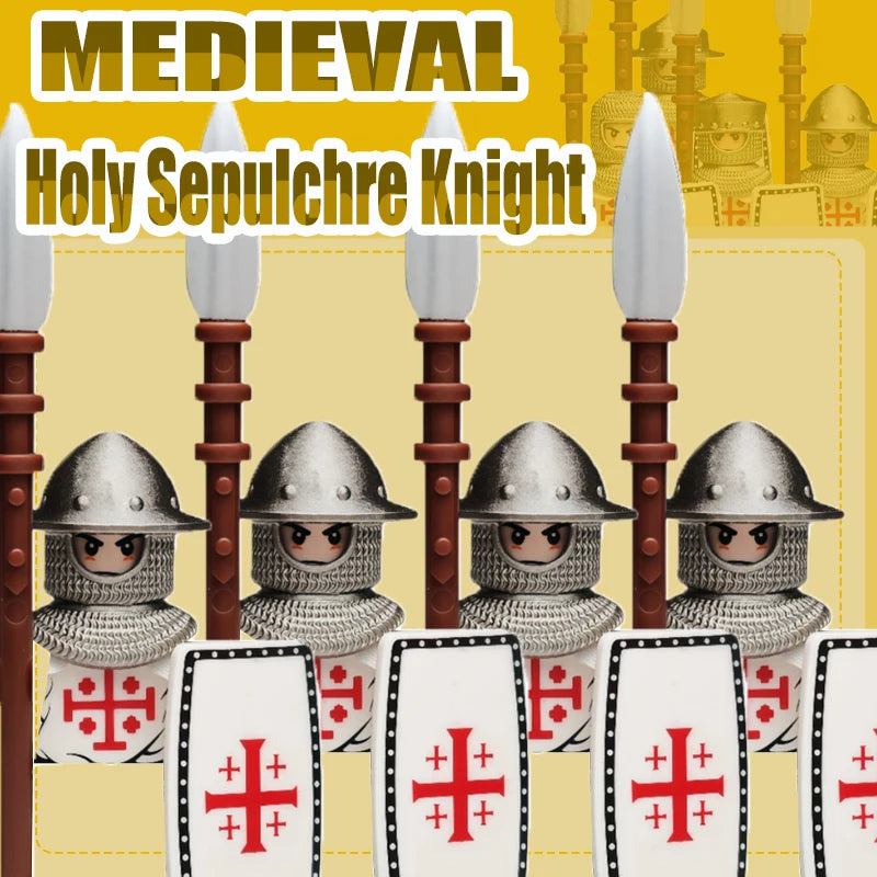 Mittelalterliche Kreuzritter Minifiguren - Tempelritter mit Rüstung, Pferd & Waffen | LEGO-kompatibel