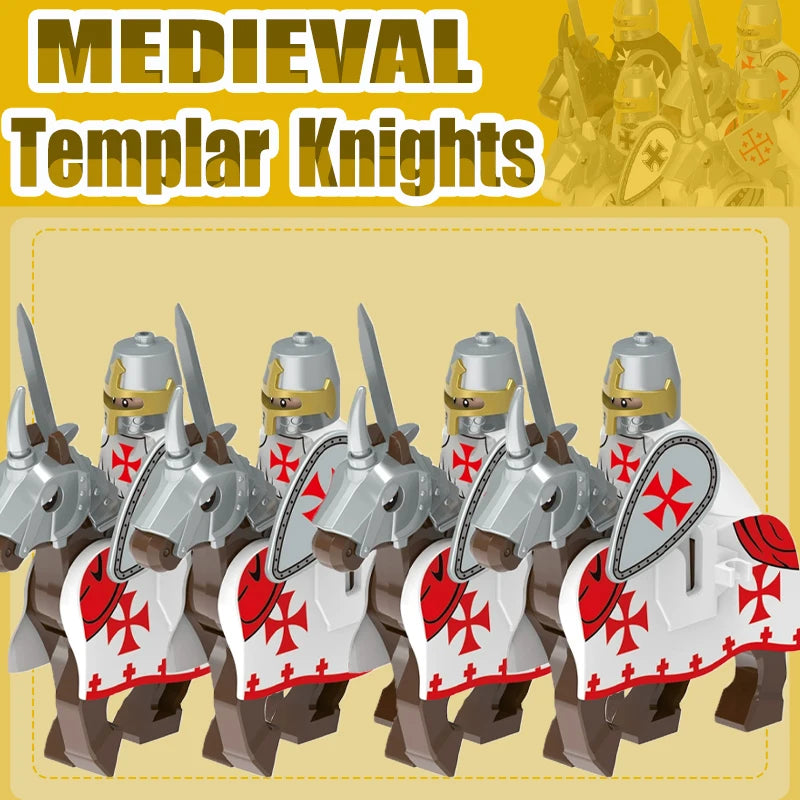 Mittelalterliche Kreuzritter Minifiguren - Tempelritter mit Rüstung, Pferd & Waffen | LEGO-kompatibel