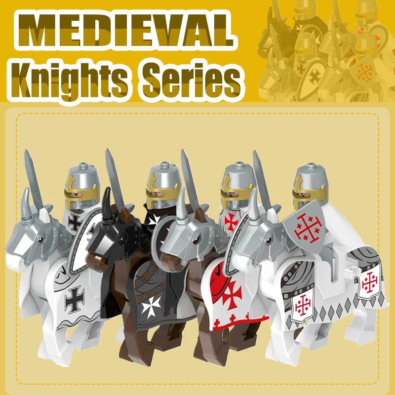 Mittelalterliche Kreuzritter Minifiguren - Tempelritter mit Rüstung, Pferd & Waffen | LEGO-kompatibel